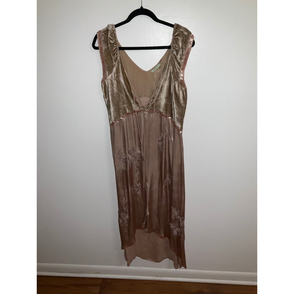Nataya Vintage Style Velvet Satin Embroidered Midi Dress Champagne Rose Bohemian
